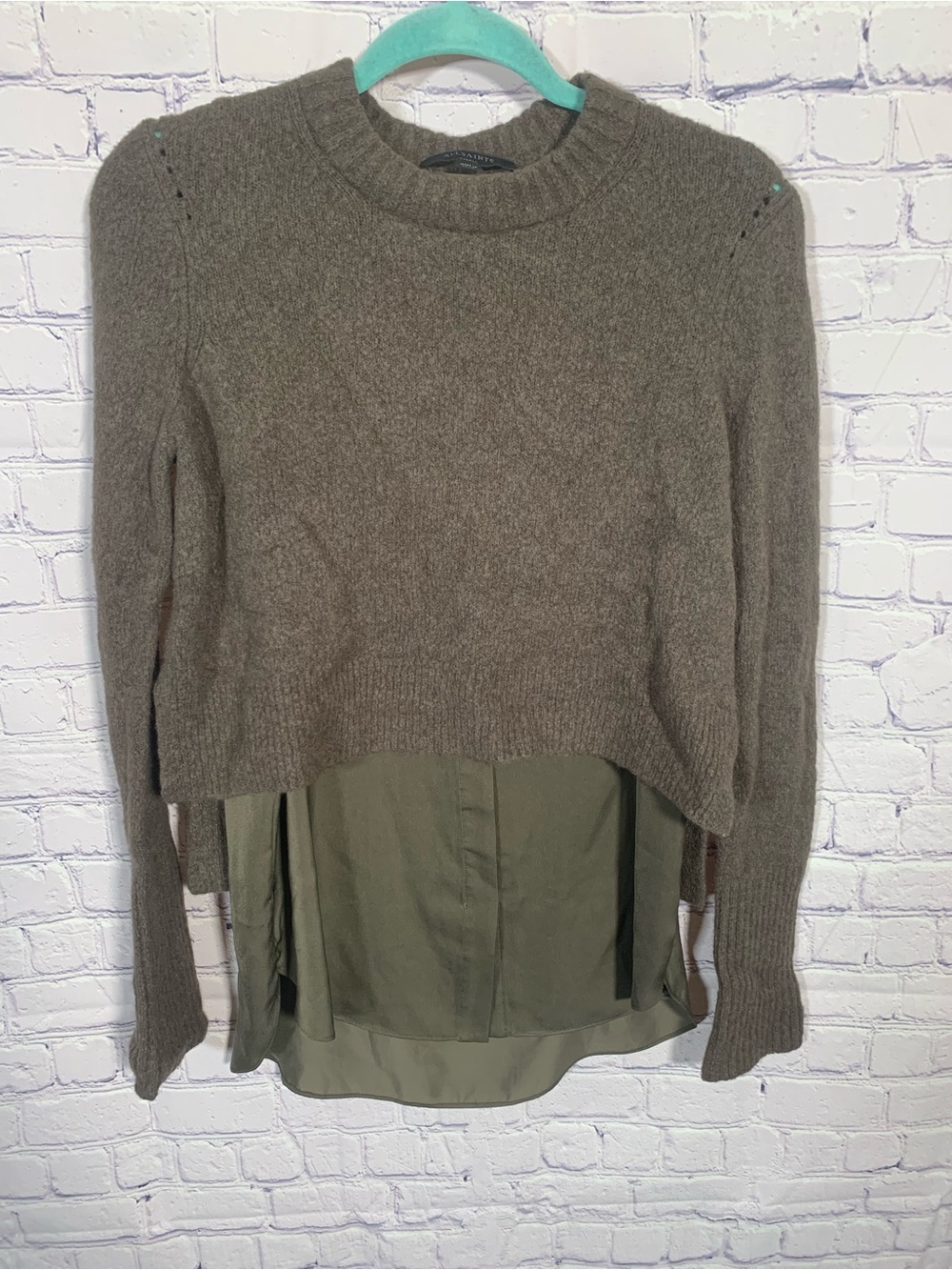 AllSaints Womens Tierney Layered Look Sweater Brown Green Sz S Military Casual